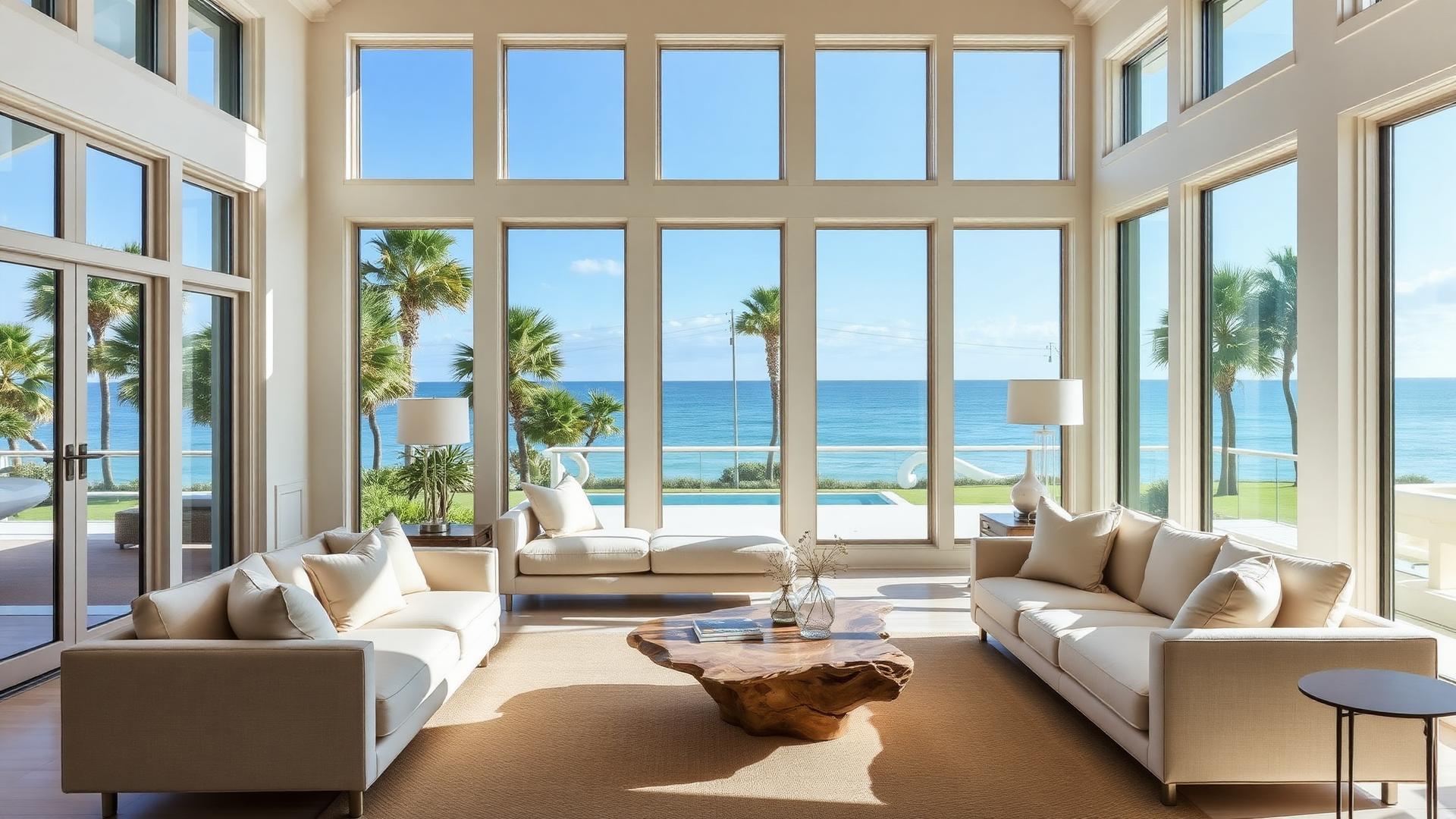 A sun-drenched Naples coastal living room with linen sofas and Gulf views